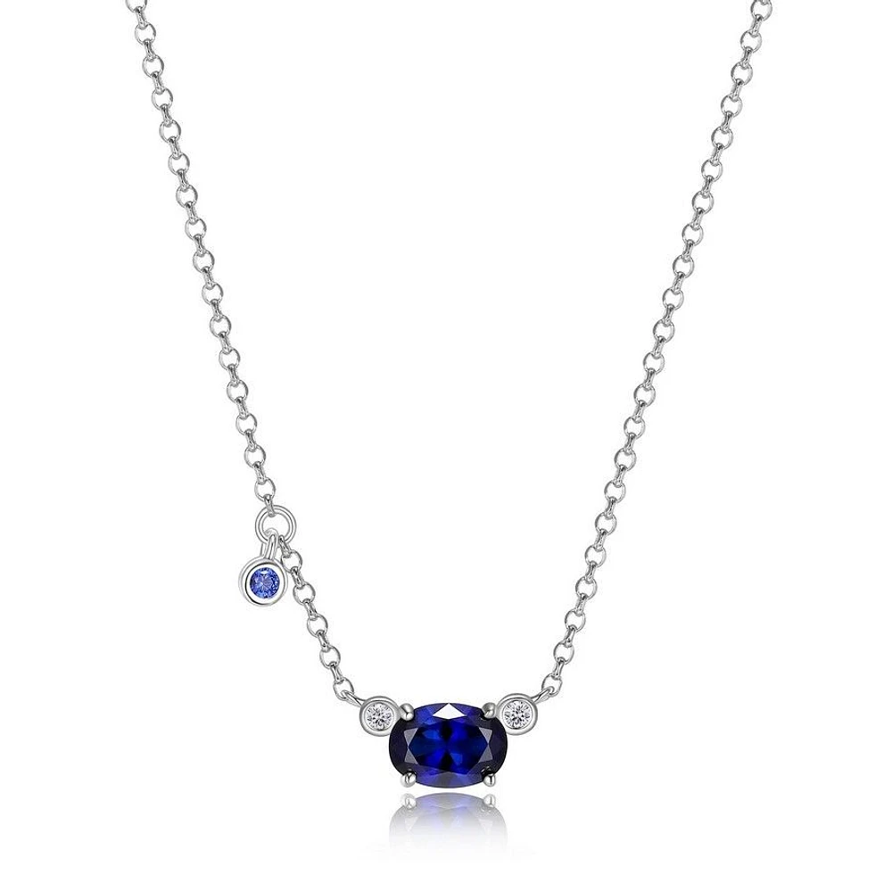 ELLE Sterling Silver Oval Created Blue Sapphire and Genuine Lab Grown Diamond Necklace