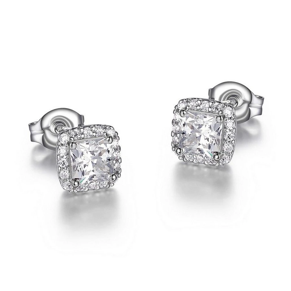 Boucles d'oreilles halo carré « Reign » en argent sterling et zircone cubique