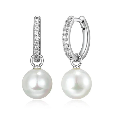 Reign Sterling Silver & Cubic Zirconia  2-in-1 Removable Shell Pearl Huggie Hoop Earrings