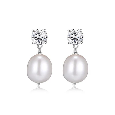 Reign Sterling Silver & Cubic Zirconia Oval Pearl Drop Stud Earrings 