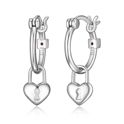 ELLE Sterling Silver Heart Lock Hoop Earrings