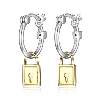 ELLE Sterling Silver 2-Tone 18K Gold Plated Lock & Key Hoop Earrings