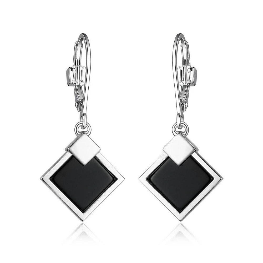 ELLE Sterling Silver & Genuine Black Agate Square Lock Earrings