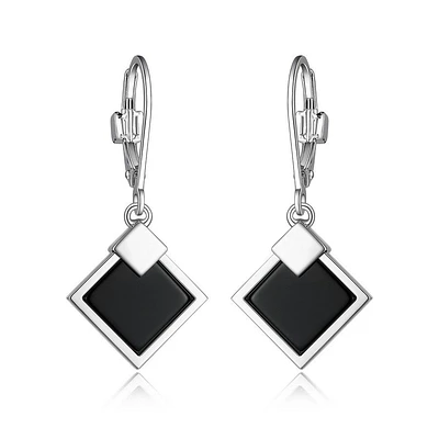 ELLE Sterling Silver & Genuine Black Agate Square Lock Earrings