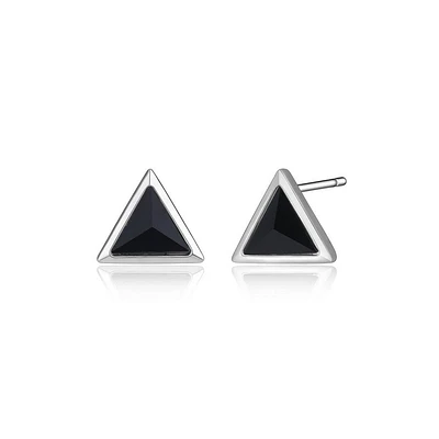 ELLE Sterling Silver  & Genuine Black Agate Triangle Stud Earrings