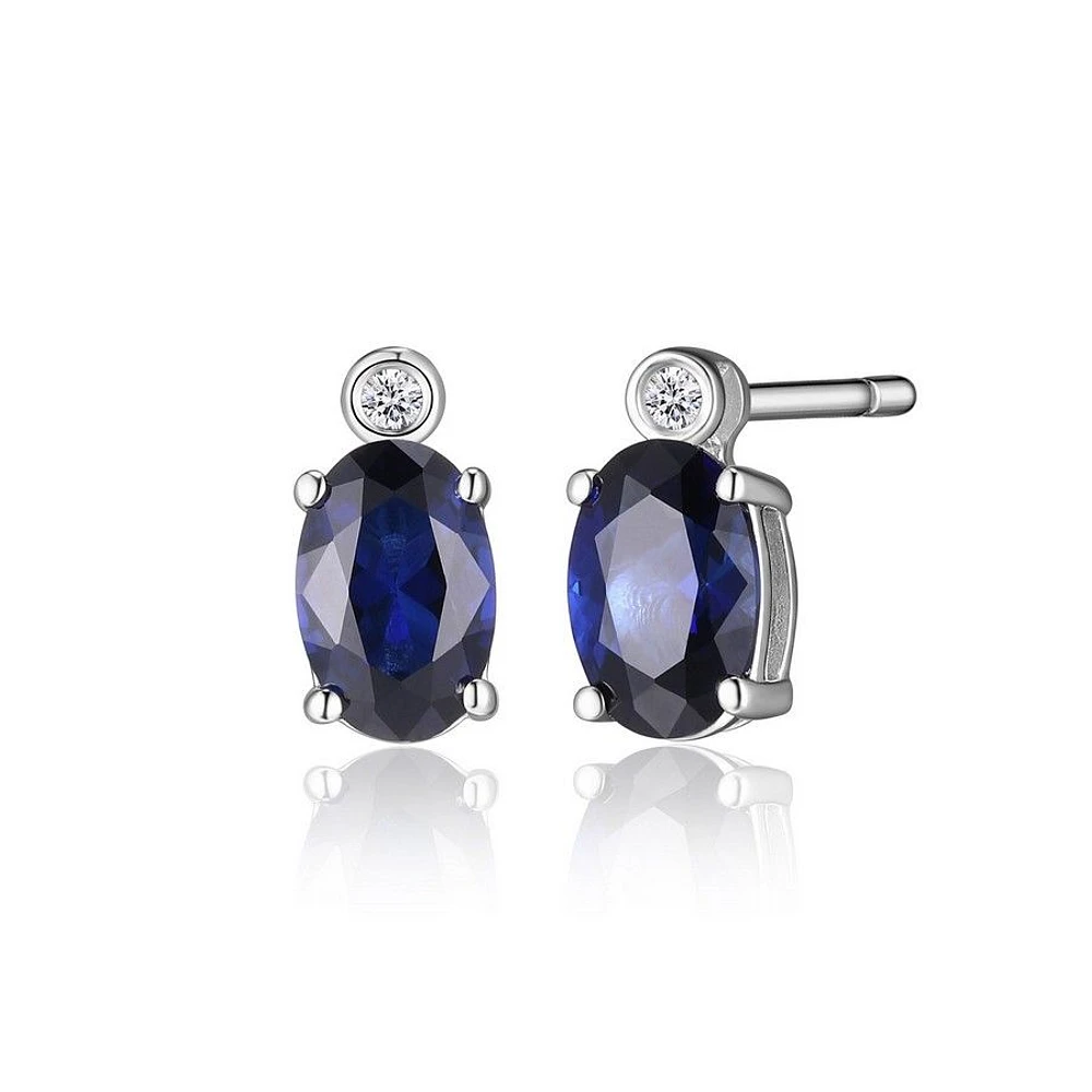 ELLE Sterling Silver Oval Created Blue Sapphire and Genuine Lab Grown Diamond Stud Earrings