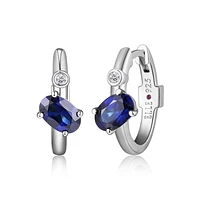 ELLE Sterling Silver Oval Created Blue Sapphire and Genuine Lab Grown Diamond 15mm Hoop Earrings