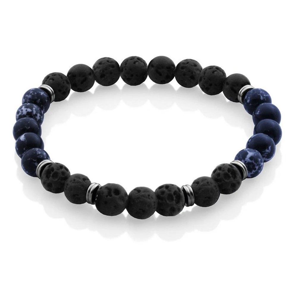 STEELX Stainless Steel Genuine Blue Lapis & Black Lava Bead Bracelet 8.5"