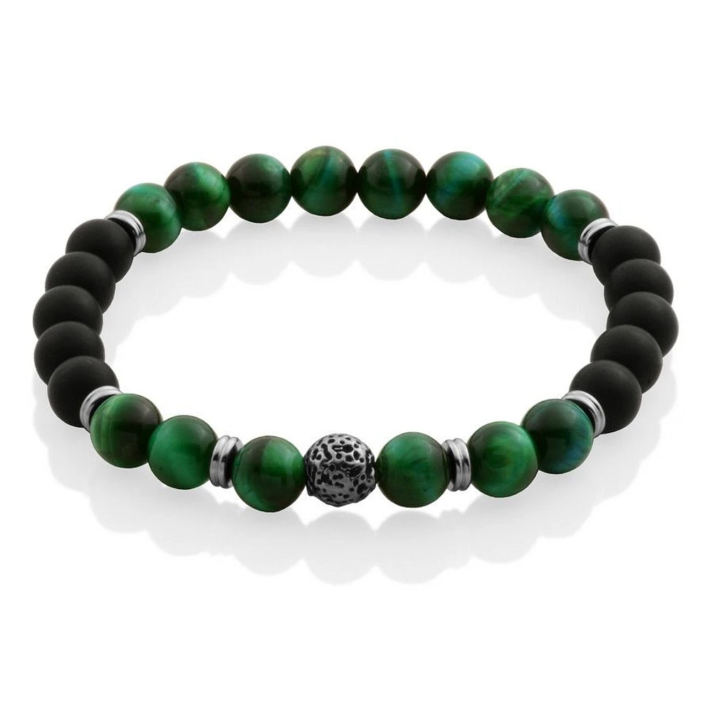 Bracelet « Steelx » en acier inoxydable de 8,5 po avec œil-de-tigre vert et agate noir matte véritables