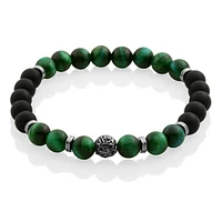 STEELX Stainless Steel Genuine Matte Black Agate & Green Tiger Eye Bead Bracelet 8.5