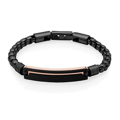 Bracelet « Steelx » en acier inoxydable bicolore plaqué noir et or rose de 8,75 po avec chaîne en maille vénitienne et plaque d'identité