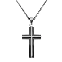 STEELX Stainless Steel Two-Tone Black Cross Pendant with Box Chain 24"