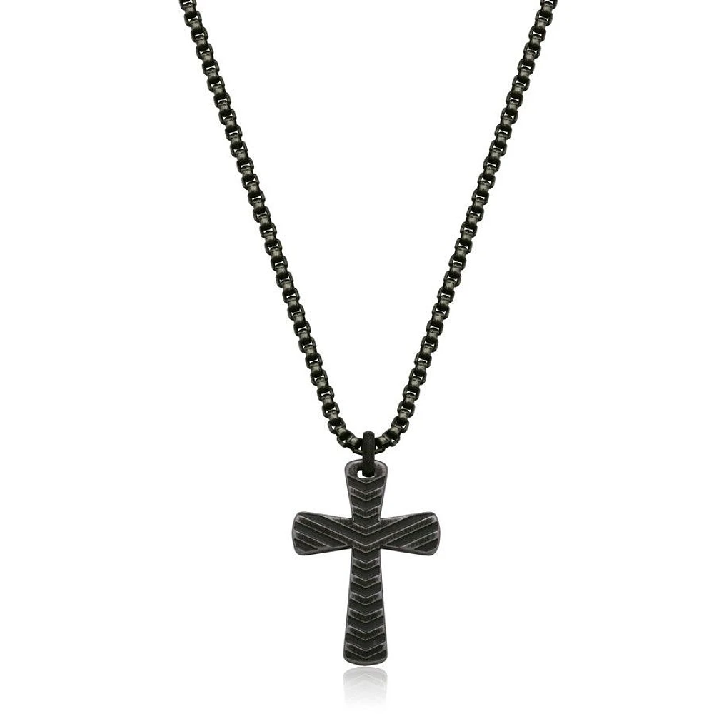 Collier « Steelx » en acier inoxydable plaqué noir antique avec croix et chaîne à maille vénitienne de 24 po