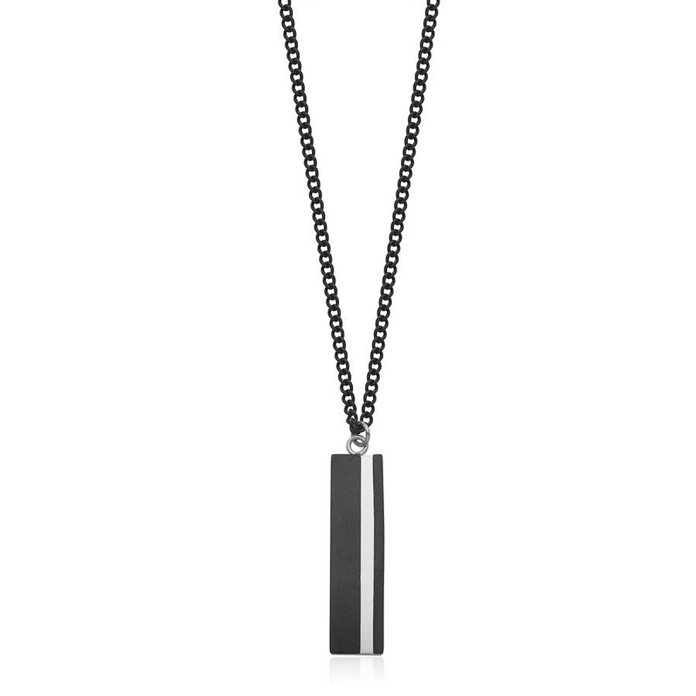 STEELX Stainless Steel Two-Tone Black Plated Rectangular Pendant with Link Chain Necklace 26"