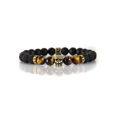 Bracelet onyx noir et oeil de tigre avec accent crâne or par Luenzo