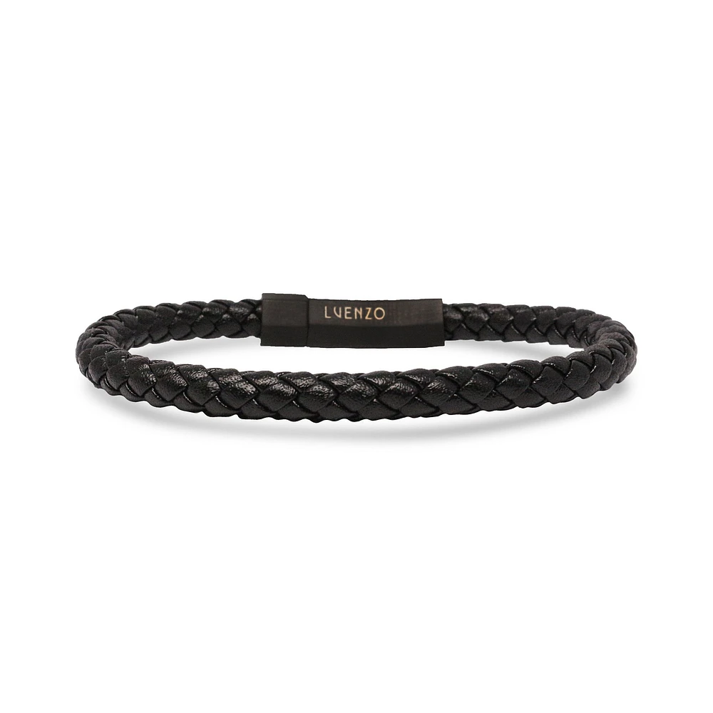 Bracelet simple en cuir véritable noir mat par Luenzo