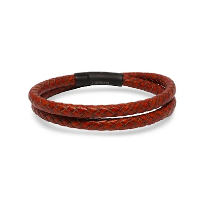 Luenzo Saddle Brown Genuine Leather Double Wrap Single Clasp Bracelet