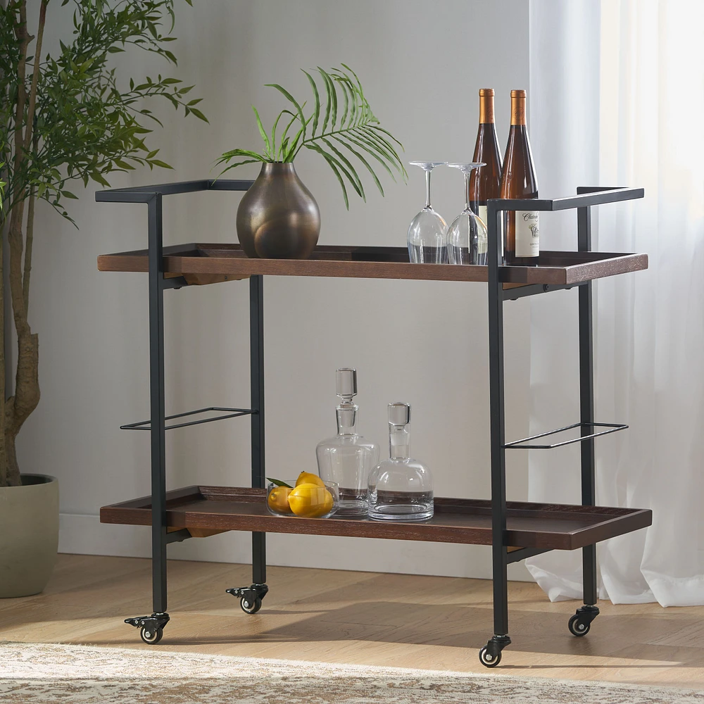 Modern Natural Wood Bar Cart with Rolling Casters