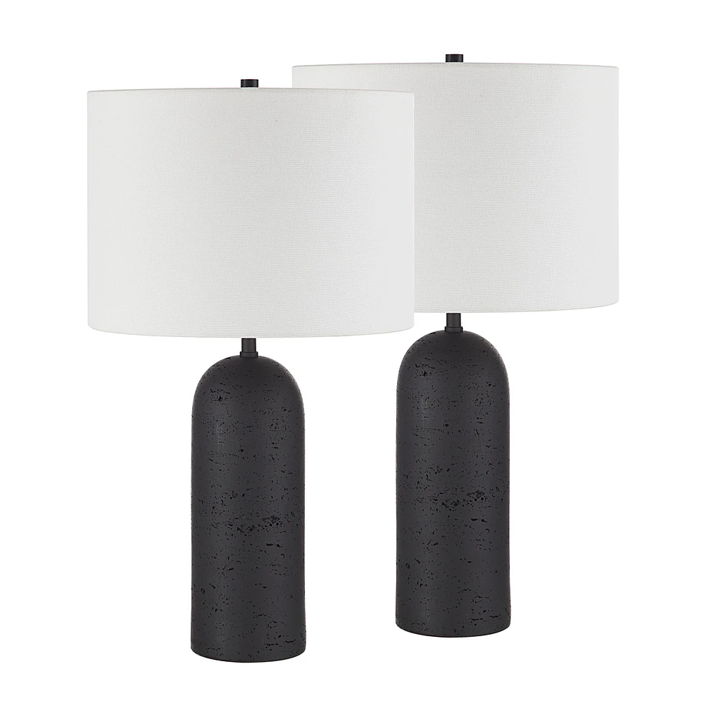 Augusta 25" Tall Black Resin Table Lamp with Drum Linen Shade (Set of 2)