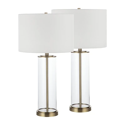 Saco 28" Tall Satin Brass Glass Table Lamp with Drum Linen Shade (Set of 2)