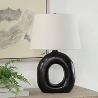 Omaru 23" Tall Painted Matte Black Iron Table Lamp with Tapered Drum Linen Shade