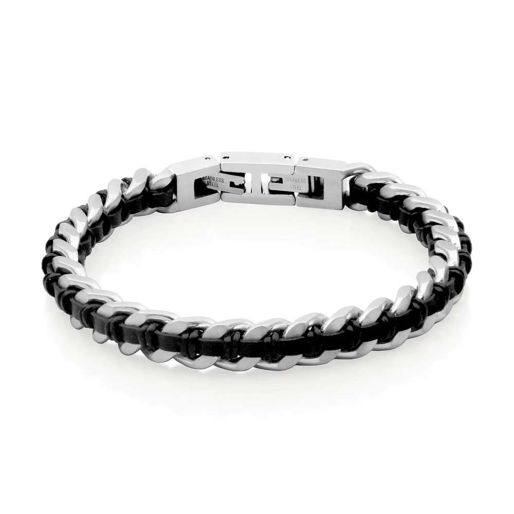 STEELX Stainless Steel Black Leather Curb Chain Bracelet