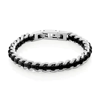 STEELX Stainless Steel Black Leather Curb Chain Bracelet