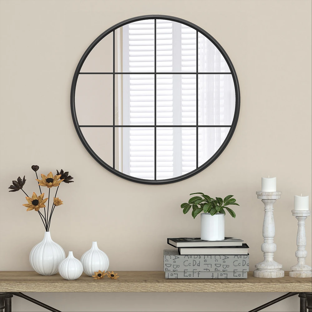 Louise Round Metal Mirror with Squares - Black