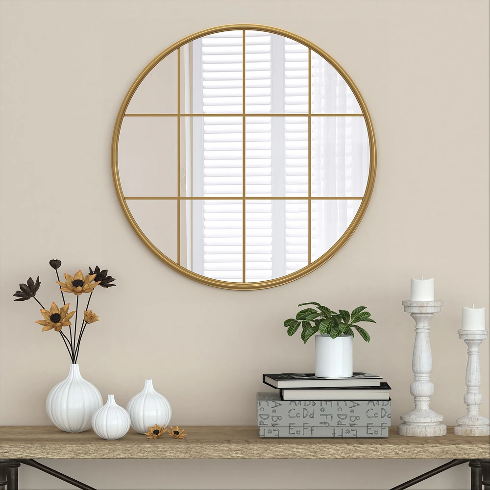 Louise Round Metal Mirror with Squares - Natural