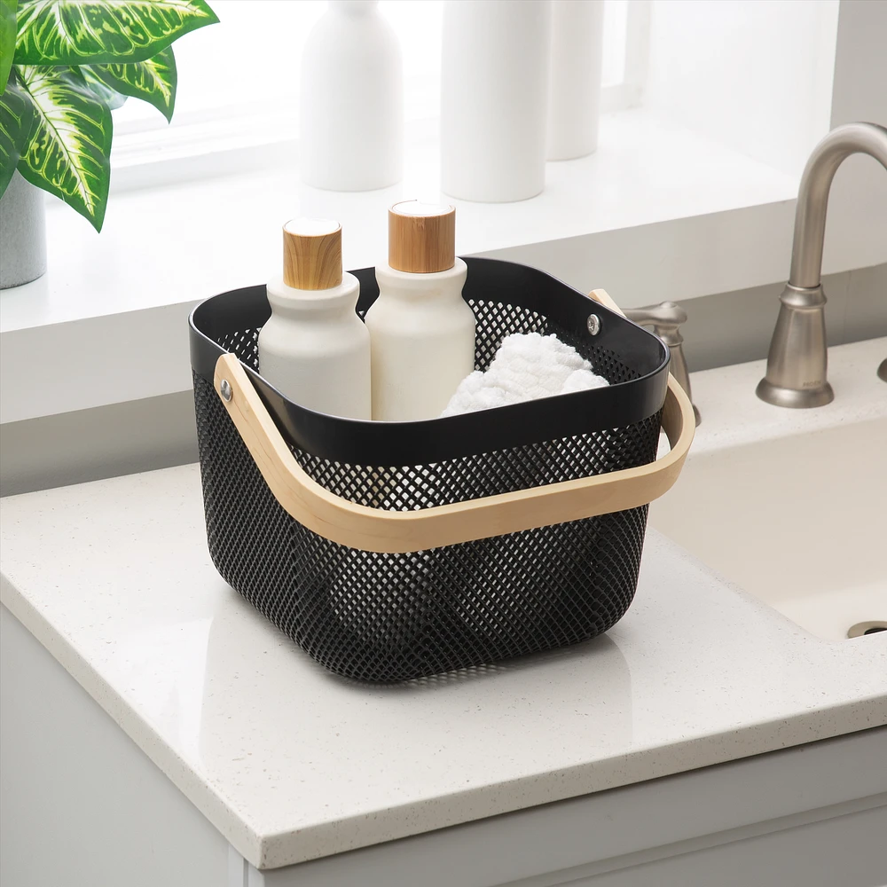 Mesh Storage Basket With Wooden Handle - Black