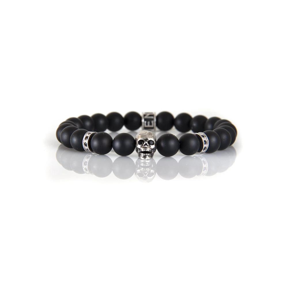 Bracelet onyx noir avec accent crâne argenté par Luenzo