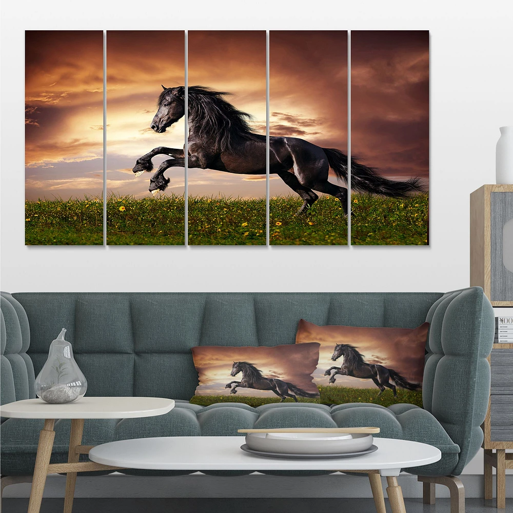 Black Friesian Horse Gallop  Canvas Wall Art