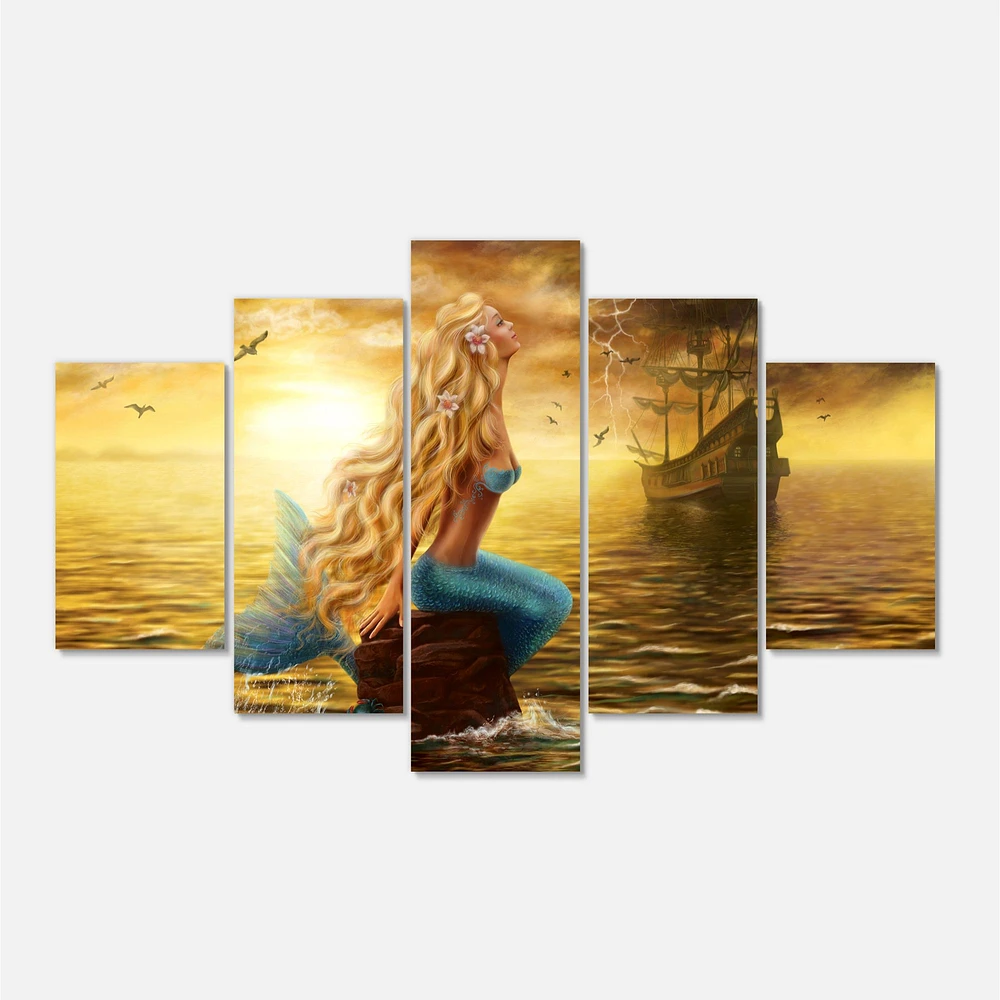 Sea Mermaid with Ghost Ship Canvas Wall Art Panels