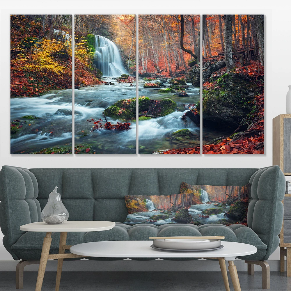 Autumn Mountain Waterfall Long View Canvas Print