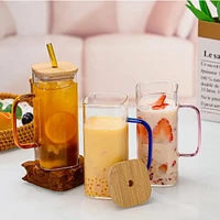 Square Glass with Bamboo Lid and Glass Straw, Set of 2