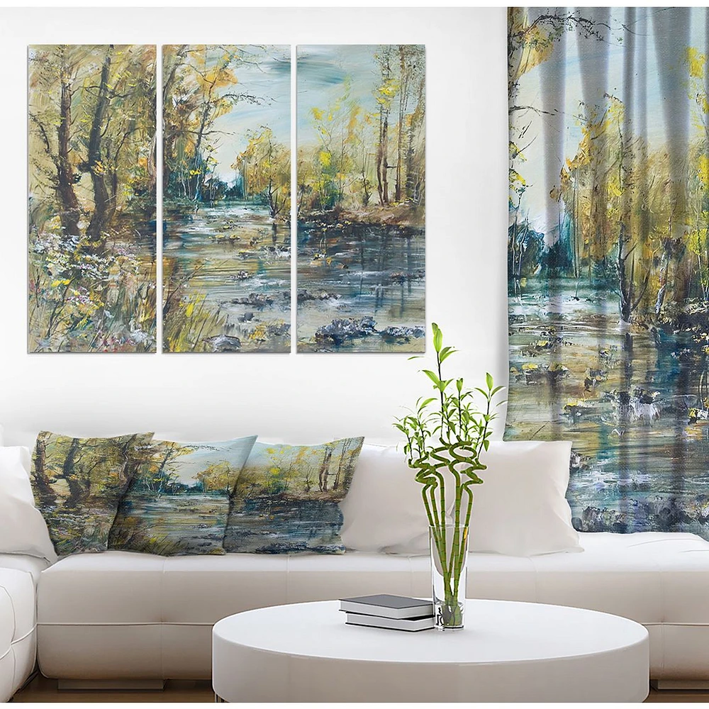 Rocky River in the Forest Canvas Wall Art - 3 Panels