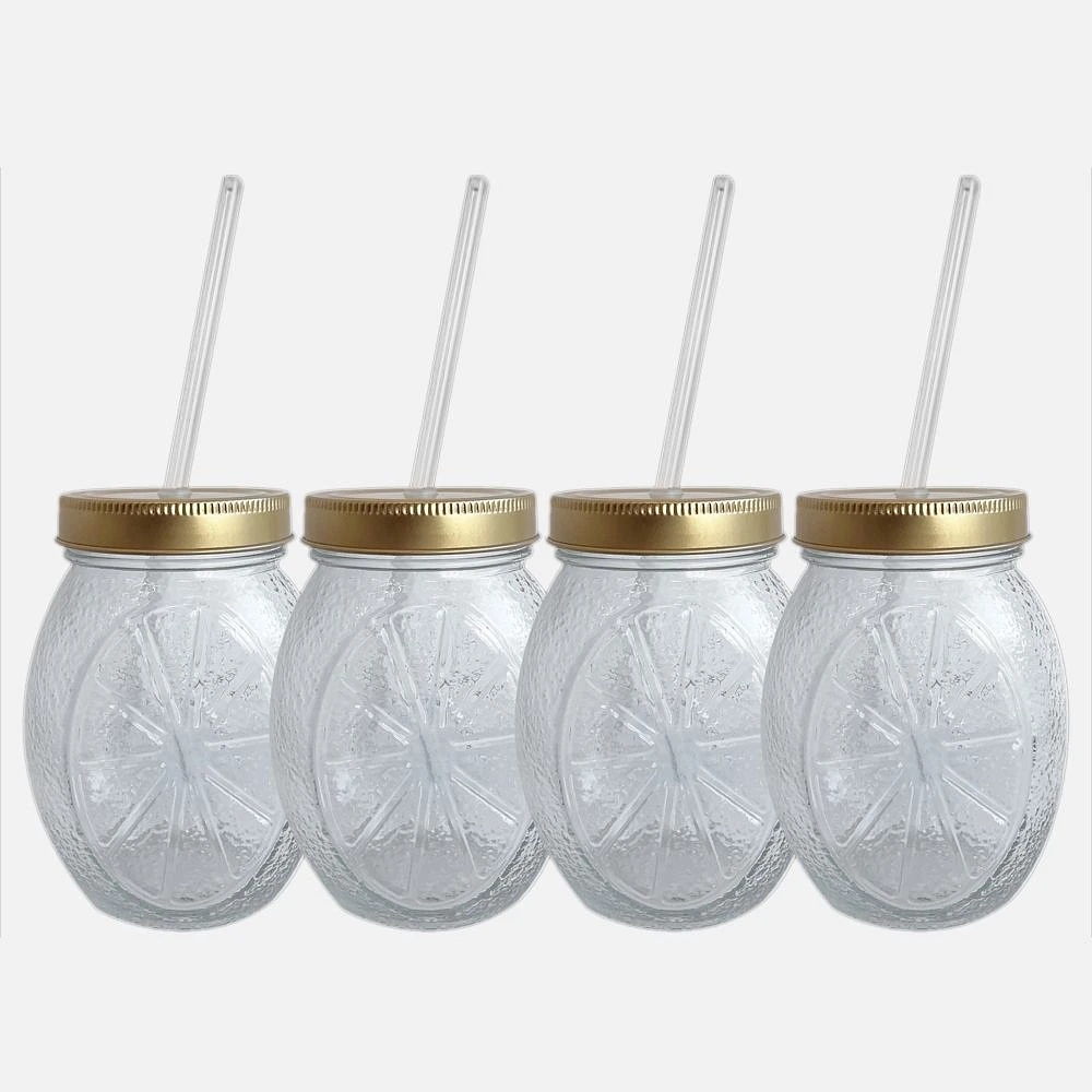 Clear Glass Bottle with Gold Lid & Straw, Set of 4 