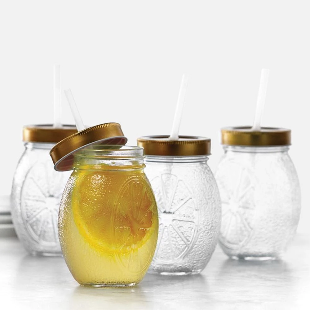 Clear Glass Bottle with Gold Lid & Straw, Set of 4 