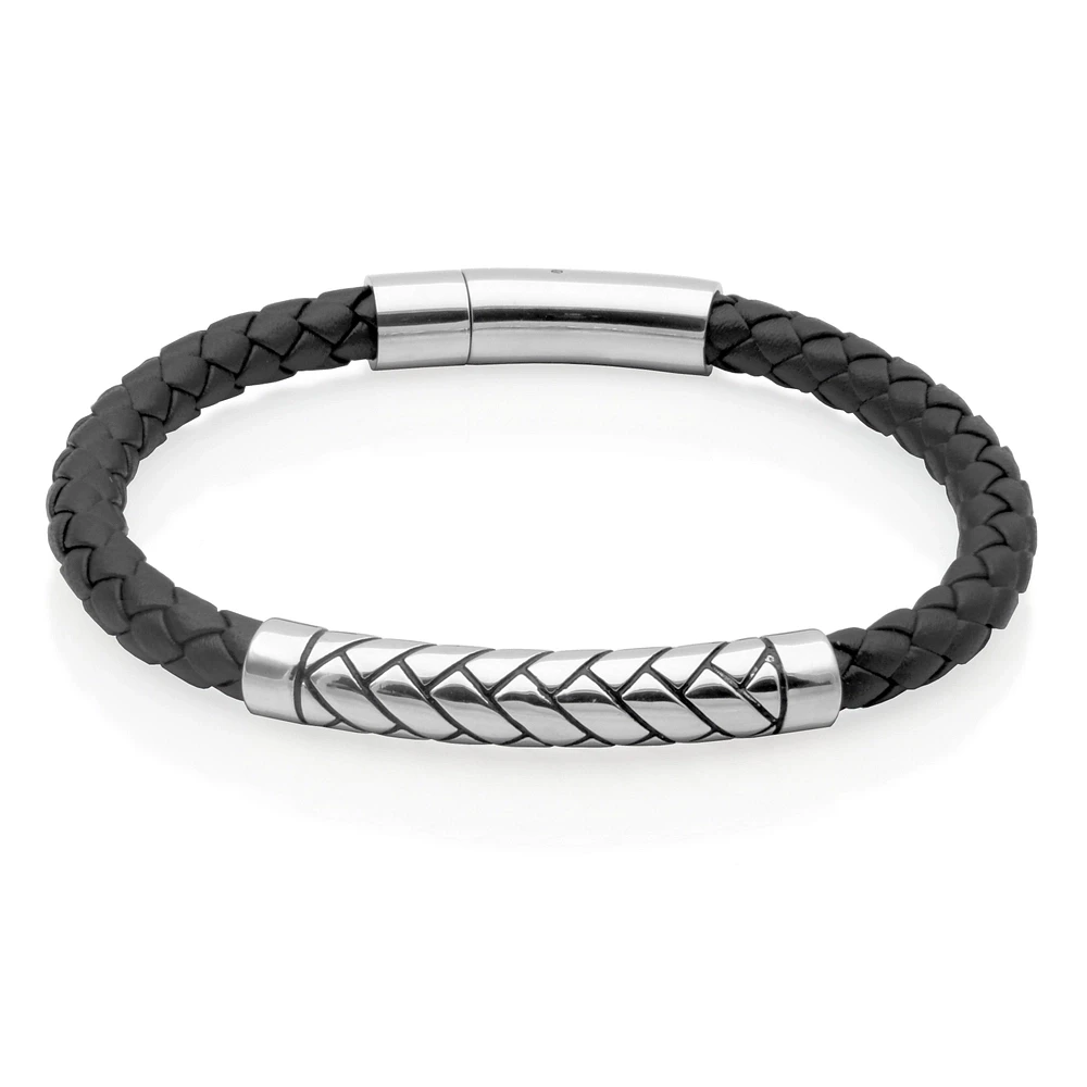 Bracelet en cuir tressé noir en acier inoxydable « Steelx » de 8,5 po