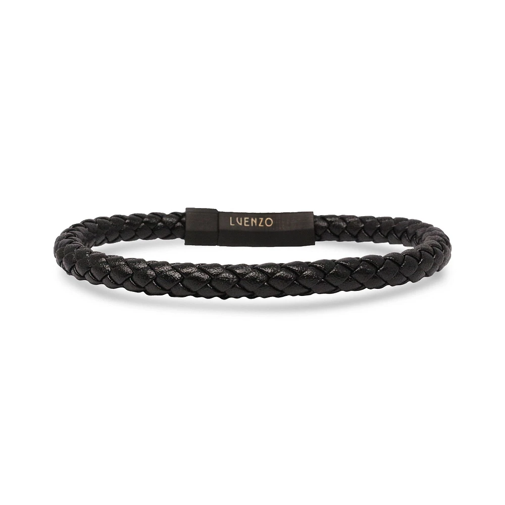 Bracelet simple en cuir véritable noir mat par Luenzo