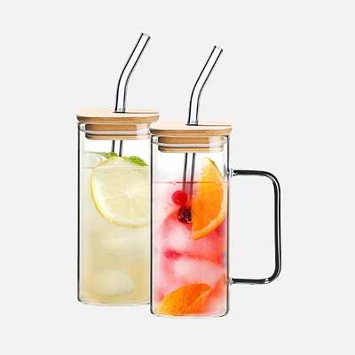 Square Glass with Bamboo Lid and Glass Straw, Set of 2 - Clear 