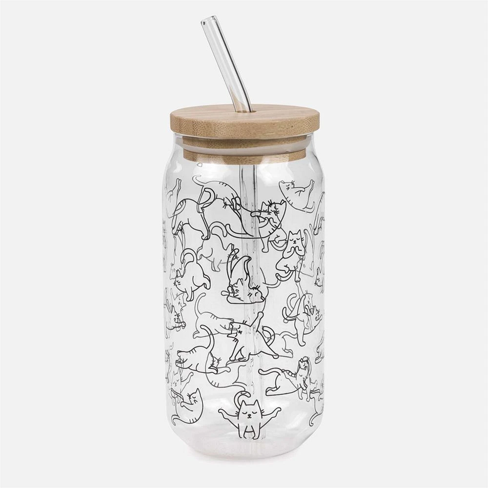 Glass With Lid and Straw - Yoga Cat