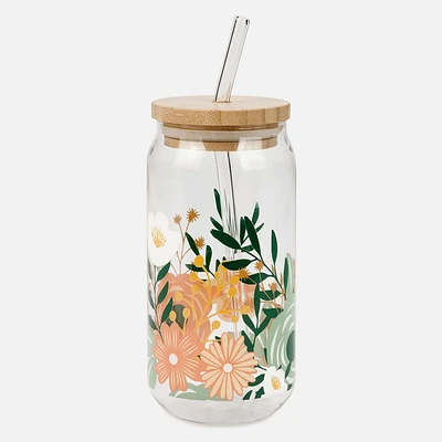 Glass with Lid & Straw - Floral Foliage