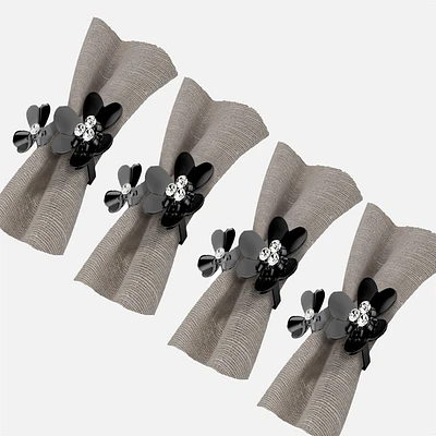 Set of 4 Shiny Black Bloom Napkin Rings by Intercontinental