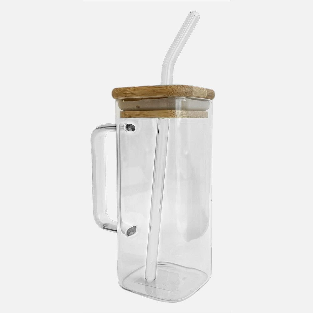 Square Glass with Bamboo Lid and Glass Straw, Set of 2 - Clear 