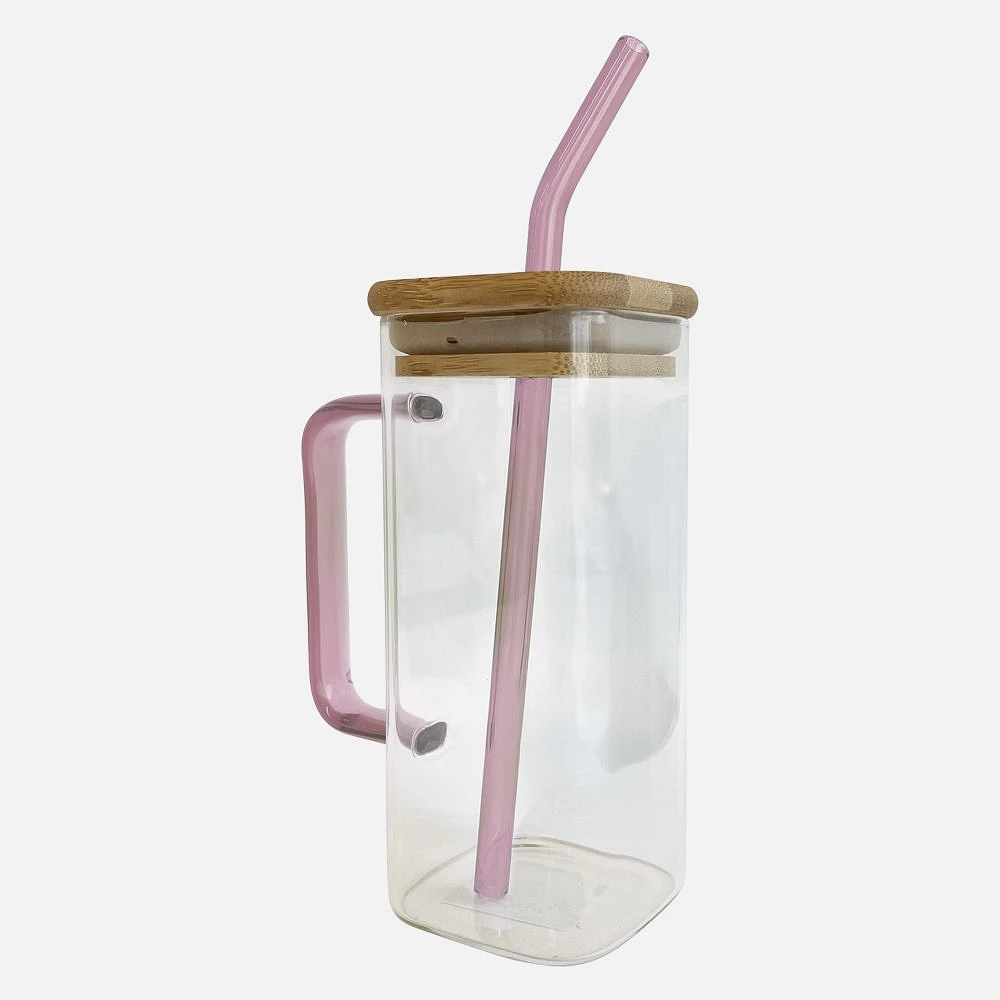 Square Glass With Bamboo Lid and Glass Straw, Set of 2 - Pink