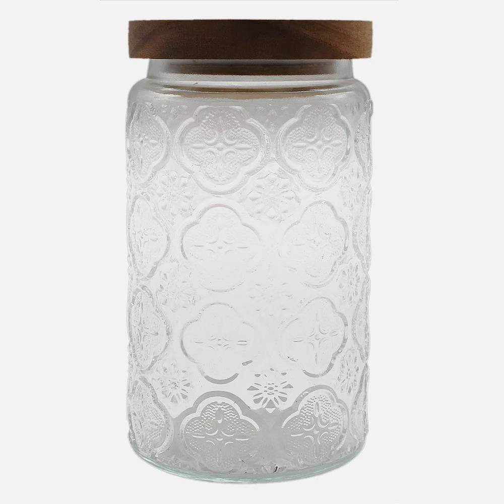 Embossed Glass Canister With Acacia Snap Lid