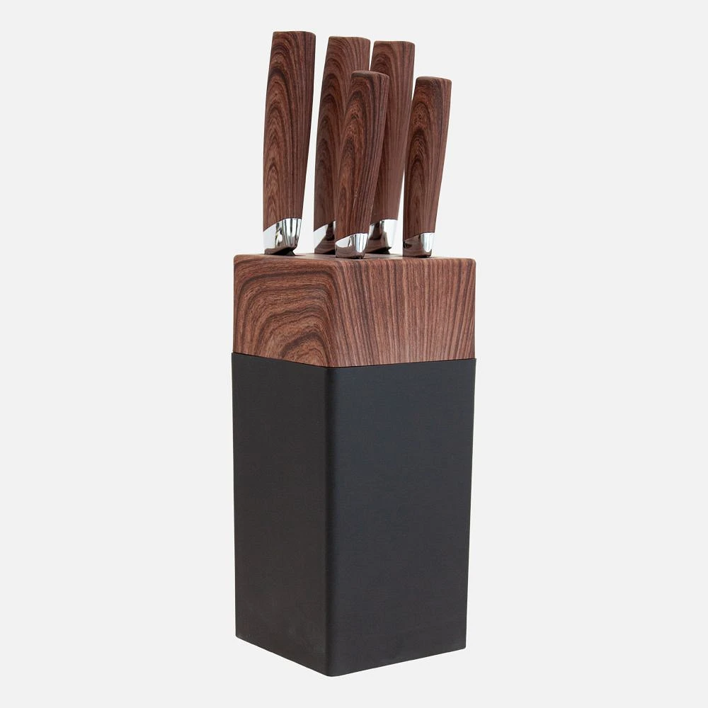 JS GOURMET Knife Block Set With Wood Grain Handles, 6 Pieces