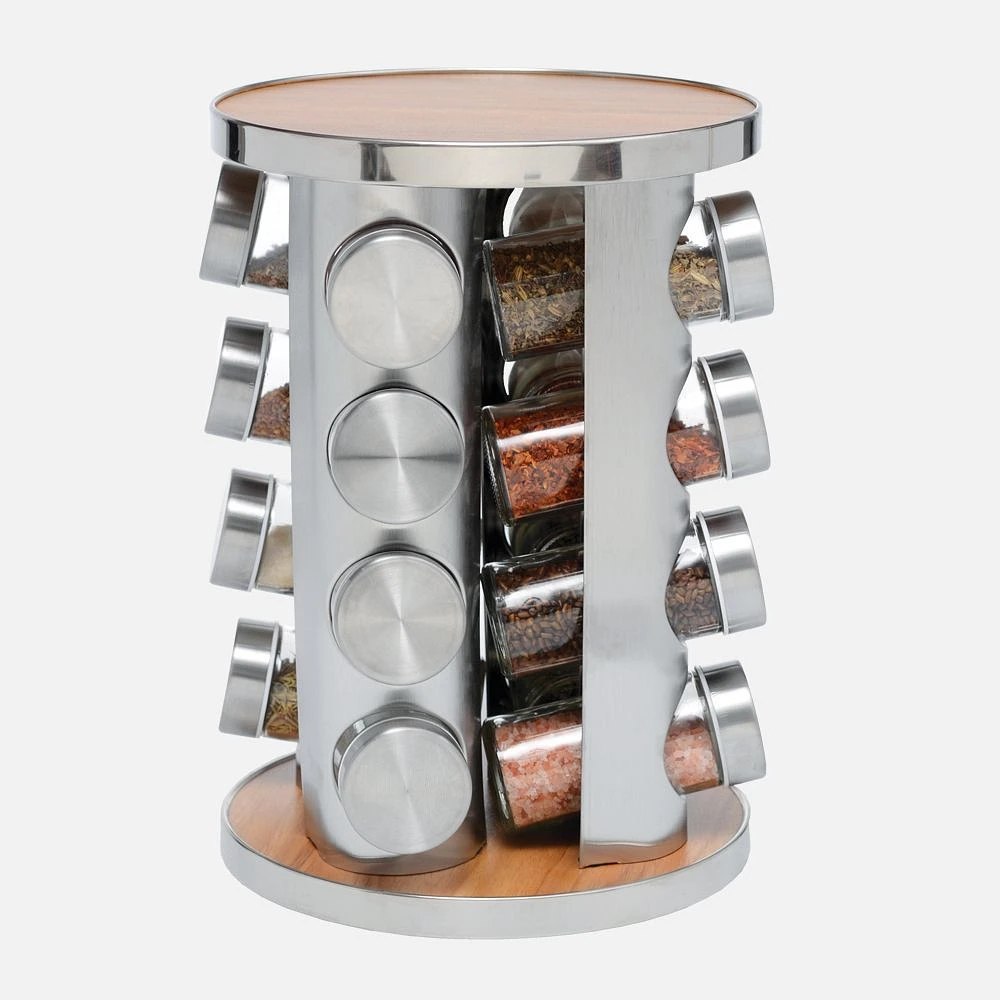 JS GOURMET 16 Glass Jars with Stainless Steel & Bamboo Rotating Rack