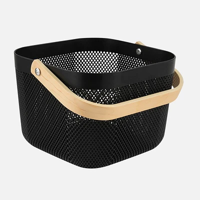 Panier de rangement en maille avec poignée en bois - Noir